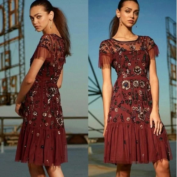 Gianni Bini Dresses Gianni Bini Wendy Red Maroon Sequin Beaded Tulle Midi Dress Poshmark